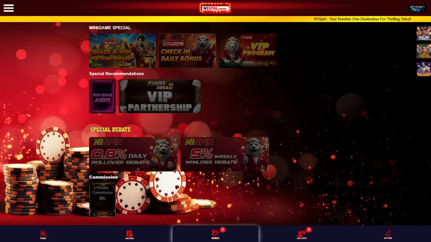 N1spin Casino promotions screen on desktop