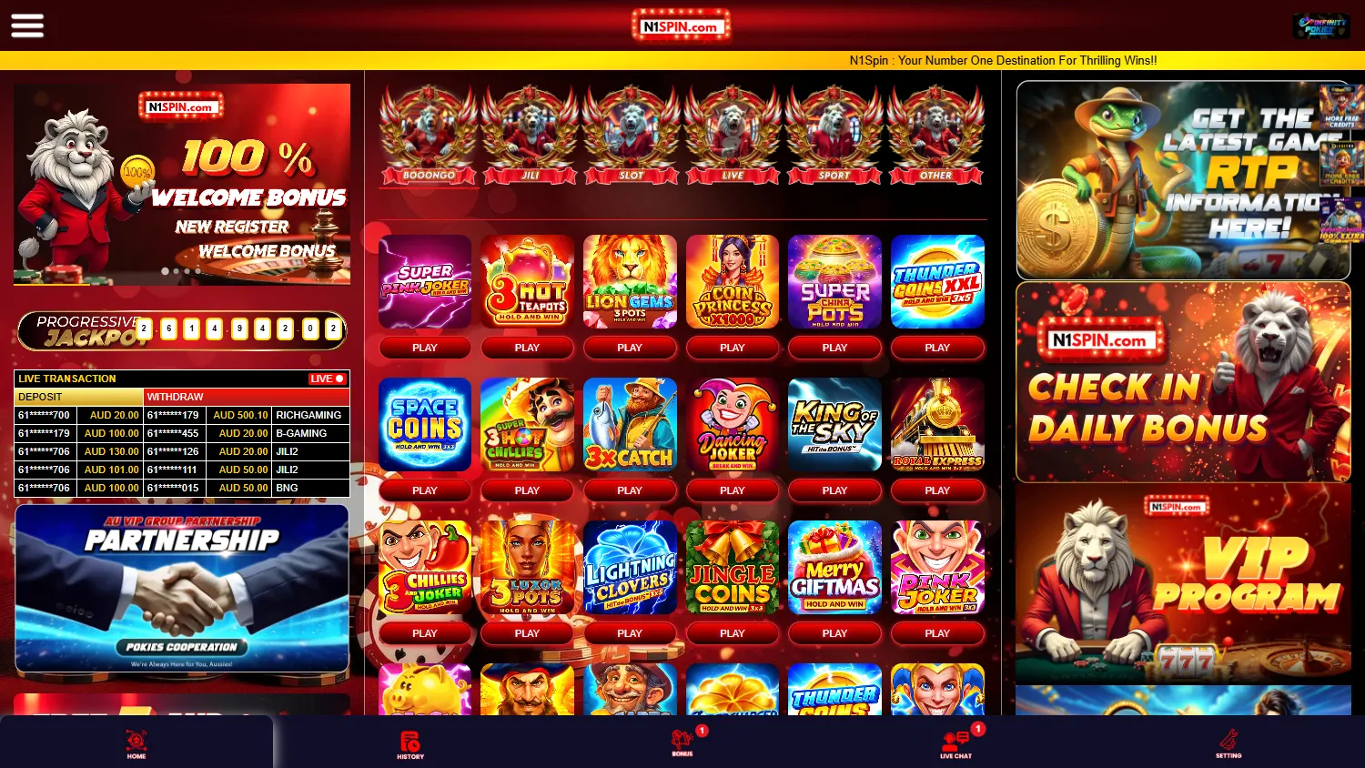 N1spin Casino home screen on desktop