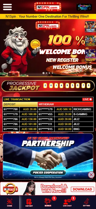 N1spin Casino home screen on a mobile device