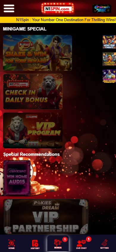 N1spin Casino promotions screen on a mobile device